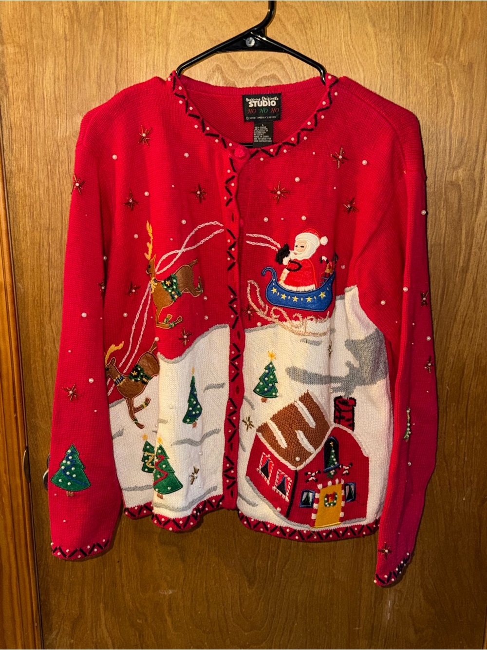 Designers Originals Studio Red Christmas Sweater Santa Reindeer Trees Sz L